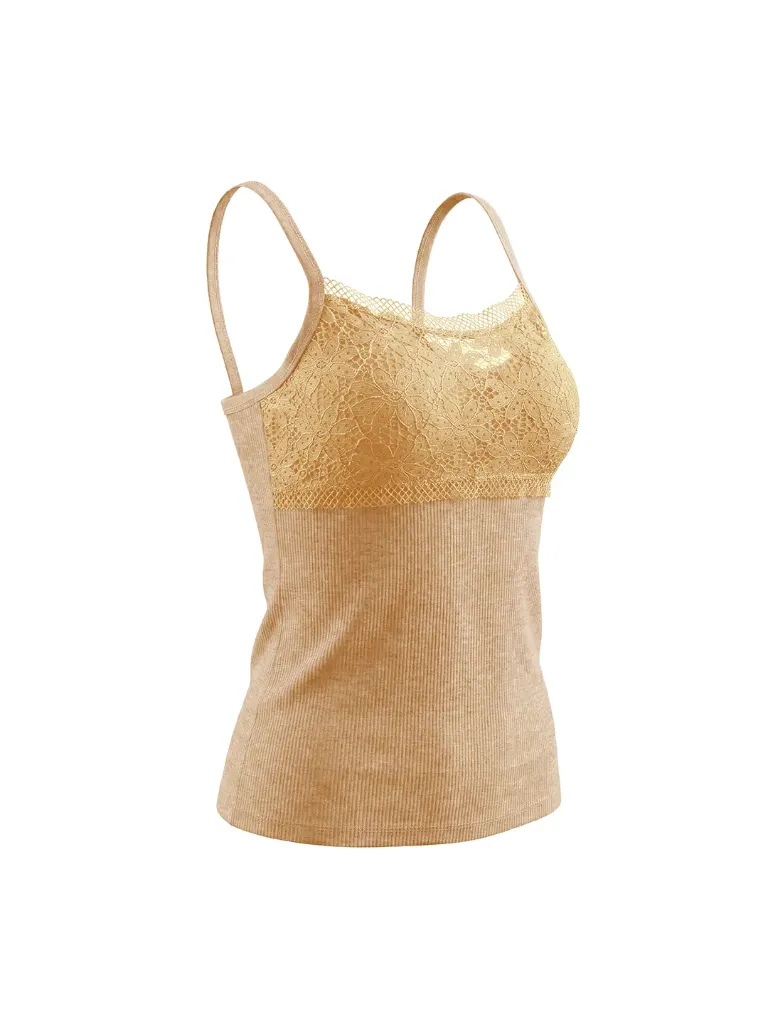 Orvessa – Deep-Lace Square-Neck Ribbed Modal Camisole (S, Apricot)